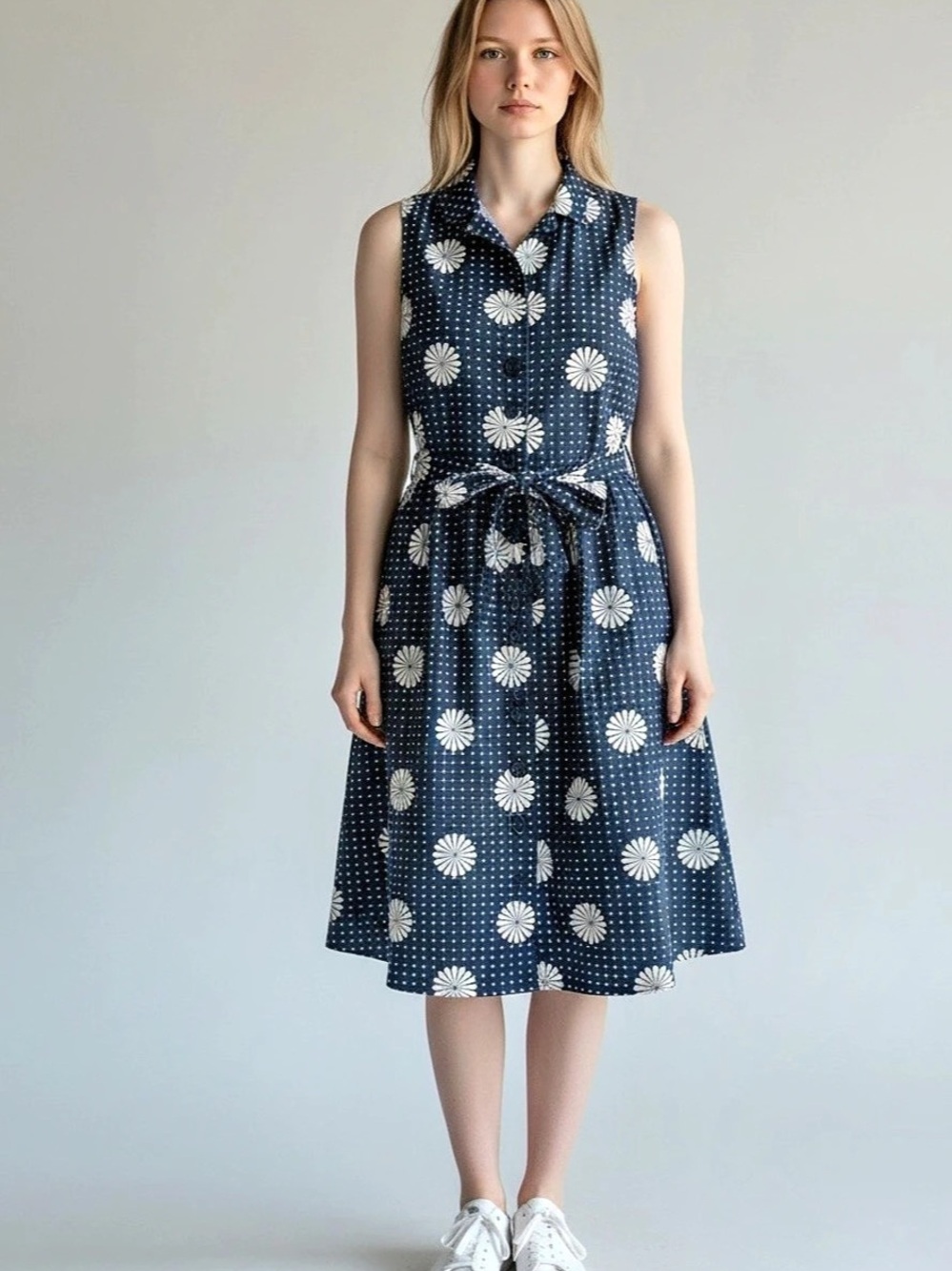 ModCloth Floral Polka Dot Shirt Dress in Blue & White Size 4